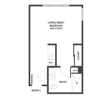 A memory care studio suite floor plan with an open living/bedroom space and kitchenette.