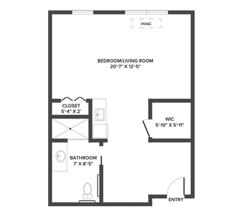 An assisted living studio suite floor plan with an open living/bedroom space and kitchenette.