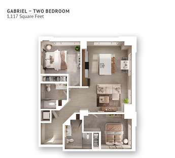 An independent living suite floor plan with two bedrooms, two bathrooms, and approximately 1,117 square feet.