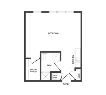 An independent living studio floor plan with an open living/bedroom area, kitchenette and walk in closet.