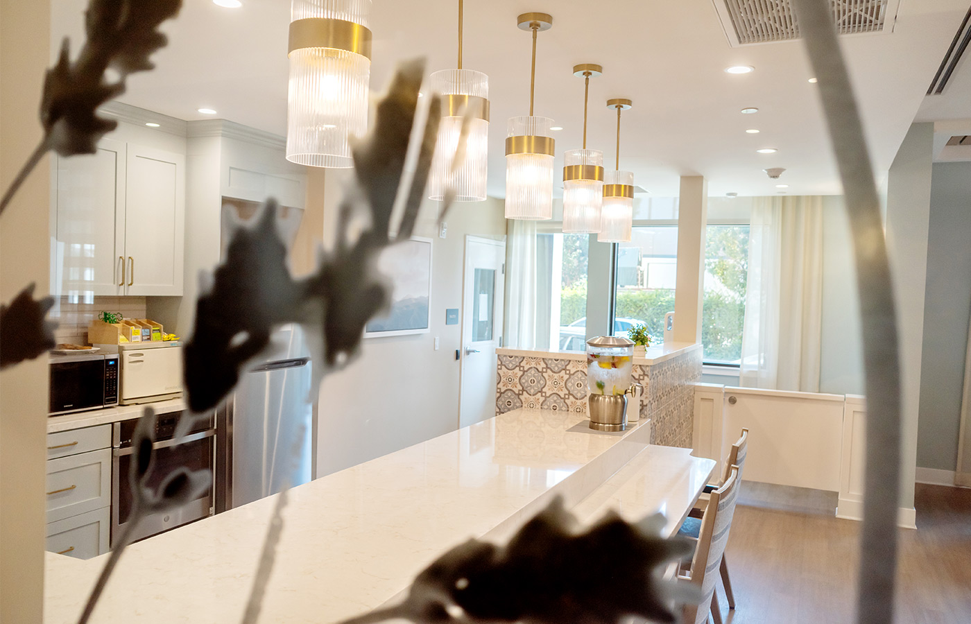 A kitchen with a counter.