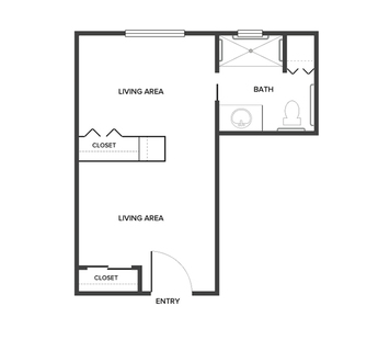 A memory care studio suite floor plan with an open living/bedroom space and a bathroom.