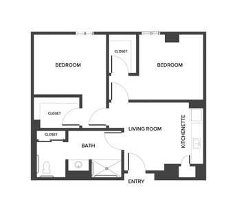 An assisted living suite floor plan with two bedrooms and approximately 1,130 square feet.