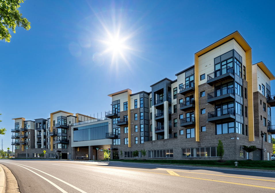 The building exterior at the Skybridge at Town Center. The building exterior at the Skybridge at Town Center.