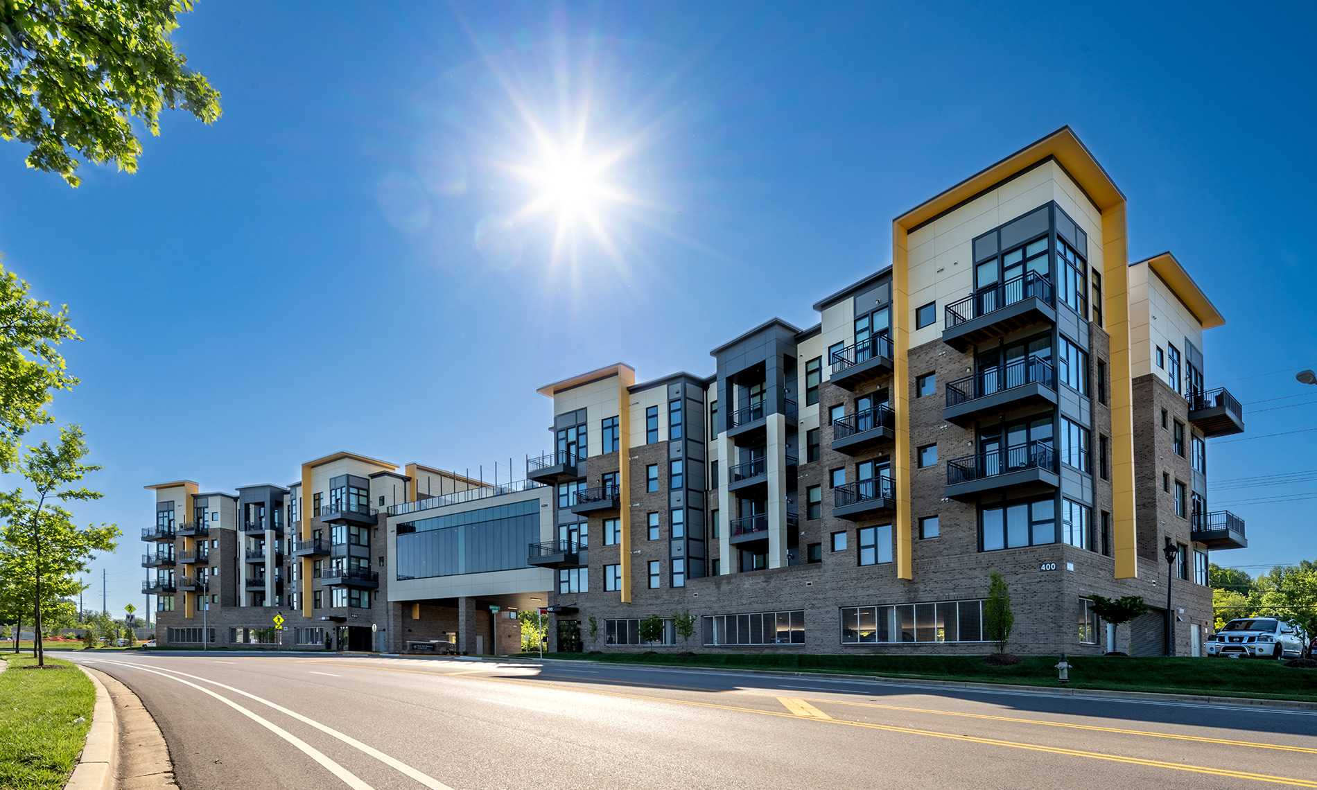The building exterior at the Skybridge at Town Center.