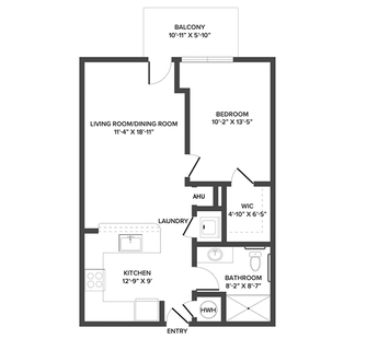 A floor plan with one bedroom and bathroom.
