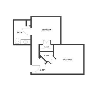 A memory care shared suite floor plan with two bedrooms and a bathroom.