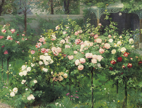An impressionist painting of a garden.