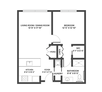 An independent living suite floor plan with one bedroom and a bathroom.