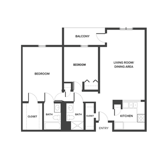 An independent living suite floor plan with two bedrooms and two bathrooms.