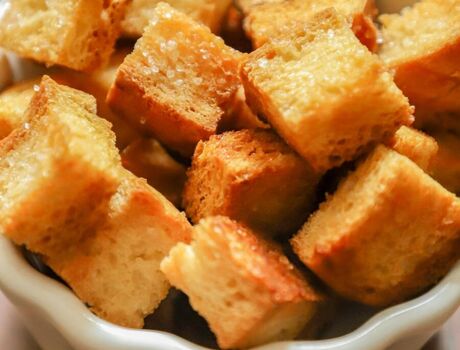 A bowl of croutons.
