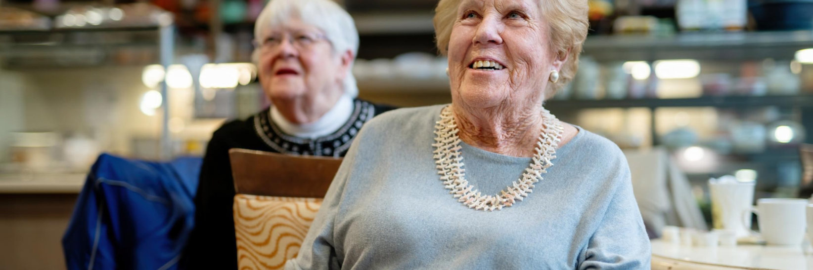 Two assisted living residents sitting at a table and smiling at The Fountains at Millbrook. Two assisted living residents sitting at a table and smiling at The Fountains at Millbrook.