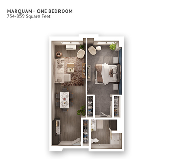 A floor plan with one bedroom and approximately 754-859 square feet.