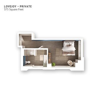 A memory care studio suite floor plan with an open living/bedroom space and approximately 375 square feet.