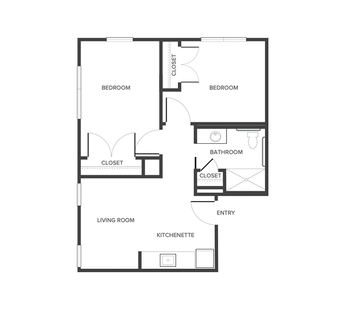 An assisted living suite floor plan with two bedrooms.