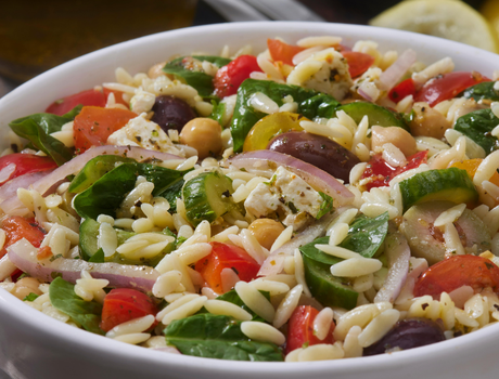 Greek Ozro Salad in a white bowl 900x1200