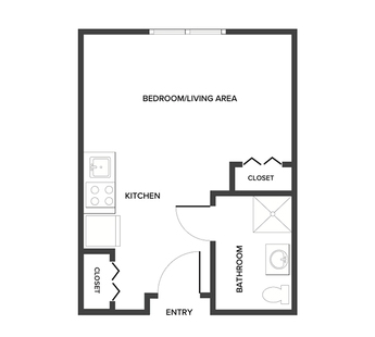 A studio suite floor plan with an open living/bedroom space and kitchenette.