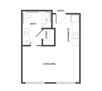 An assisted living studio suite floor plan with an open living/bedroom space and kitchenette.