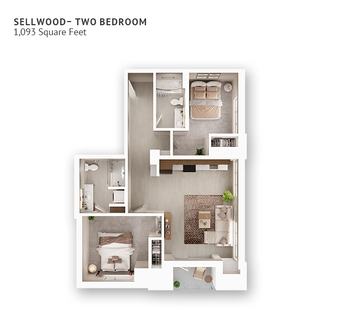 An independent living suite floor plan with two bedrooms and two bathrooms.