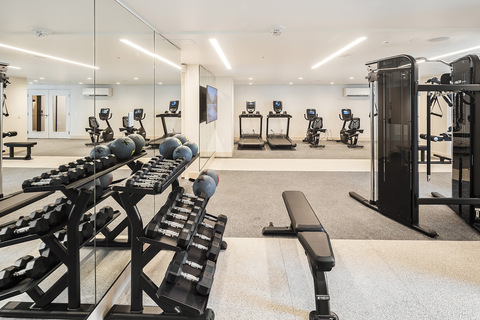 A fitness center with equipment.
