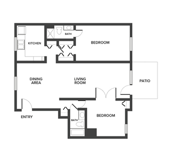 A floor plan with two bedrooms and a bathroom.