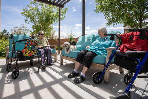 Two residents enjoying the sun in the garden.