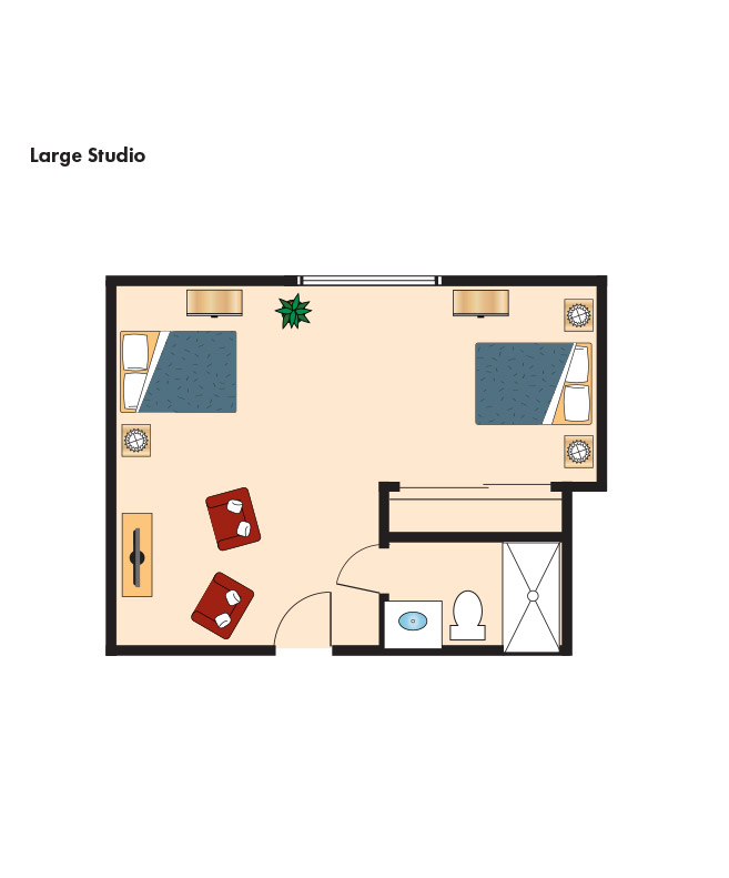 A studio floor plan for Sagebrook Senior Living at San Francisco.