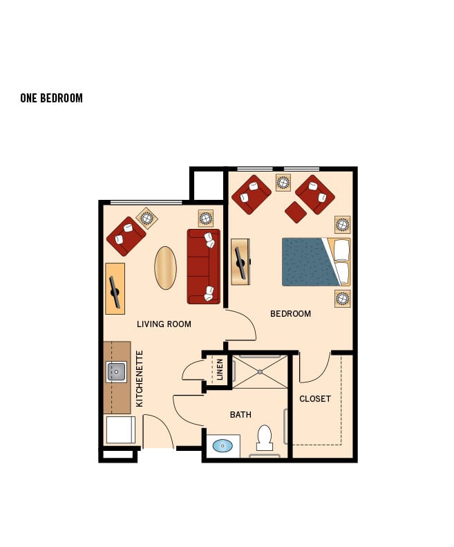 Assisted Living one bedroom floor plan for The Watermark at Continental Ranch.