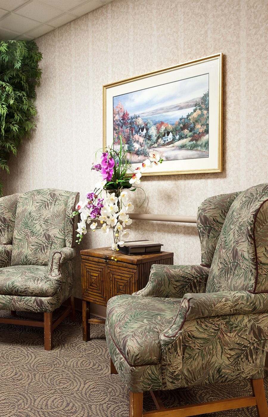 close up of seating area consisting of two chairs