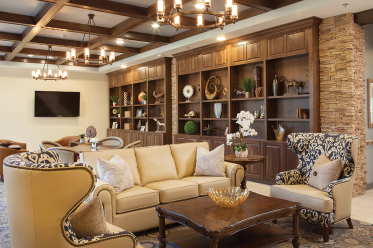 Parkview in Frisco seating area with large shelves and soft lighting.