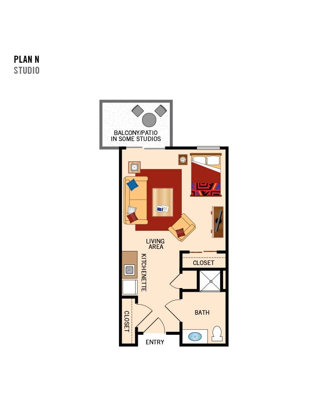 Independent living studio floor plan for The Legacy at Fairways.