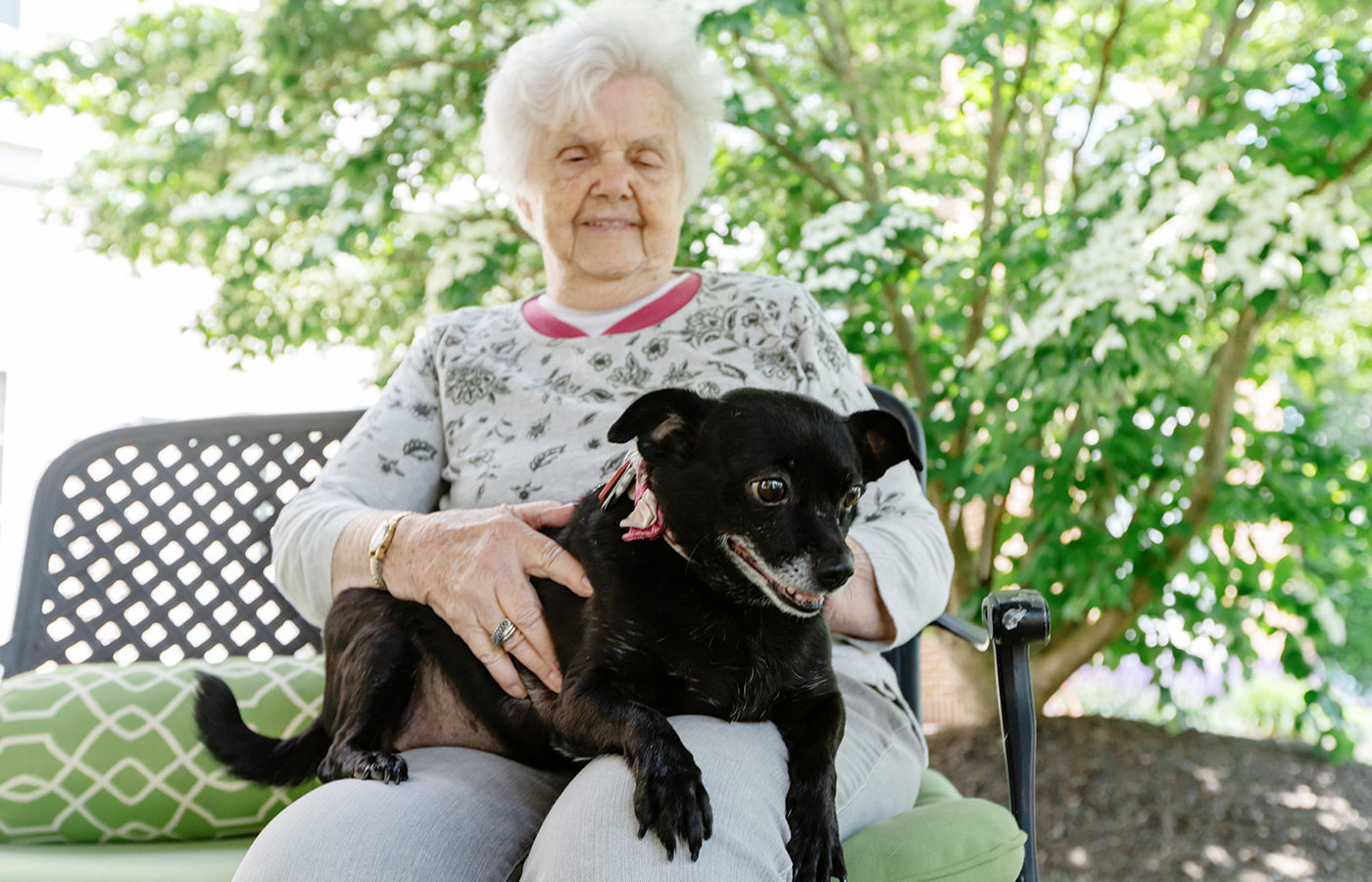 A person sitting on a bench with their dog.