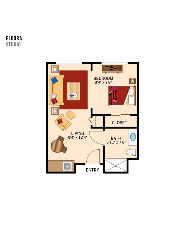 Assisted Living studio bedroom floor plan.