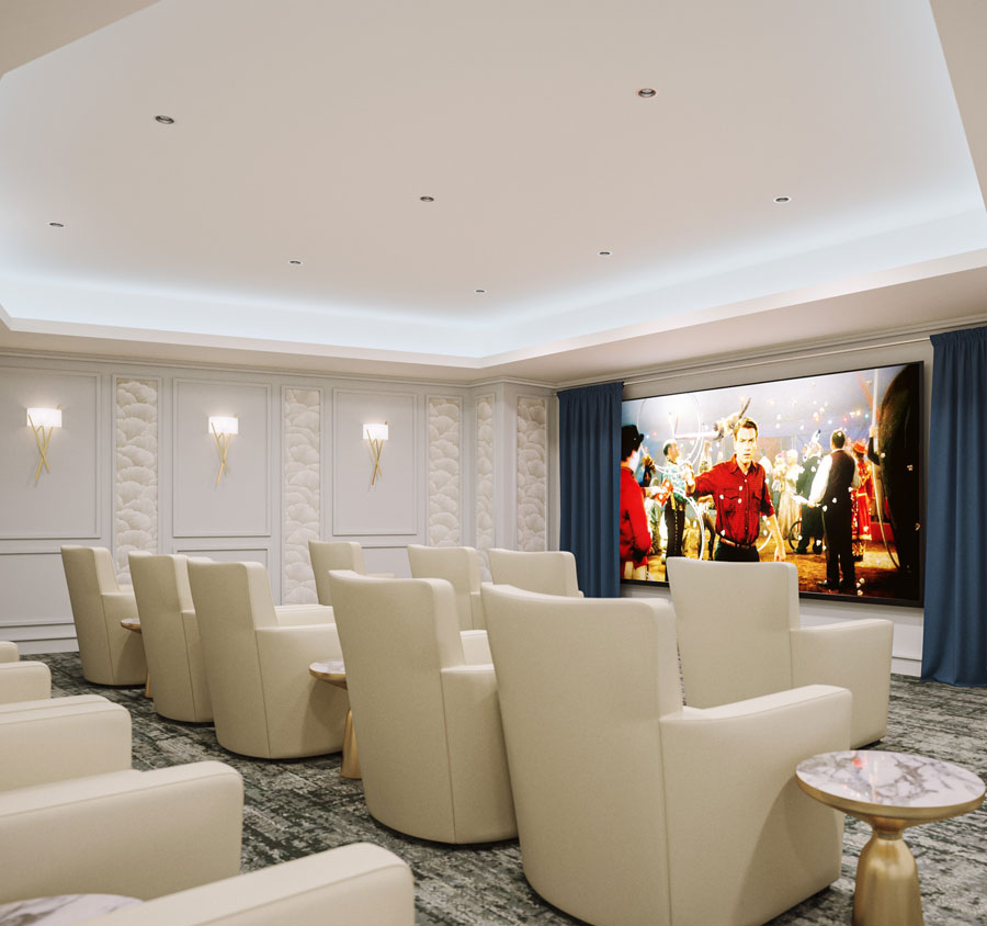 A theater or movie room with a big screen and many comfy chairs.