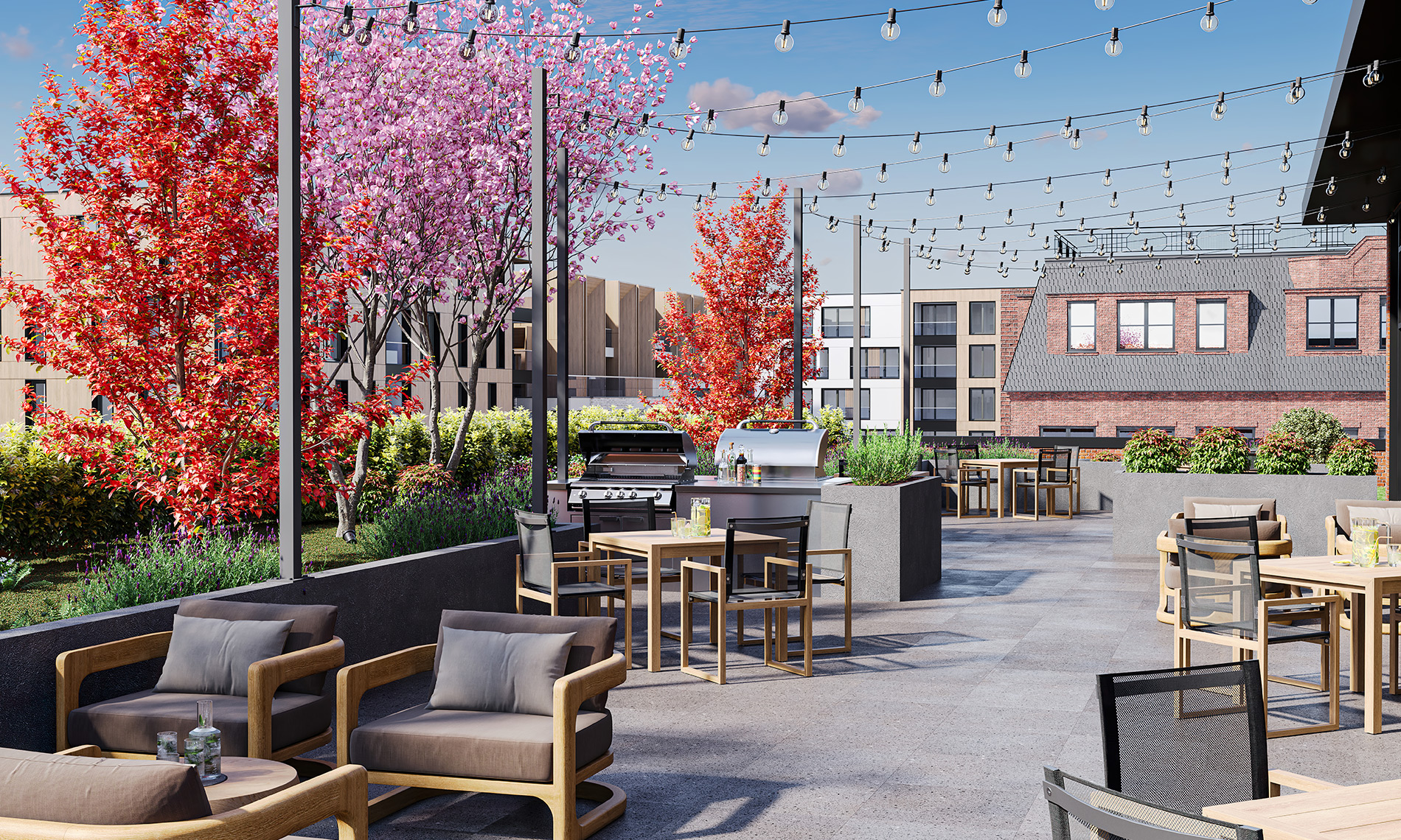 A rooftop and patio outdoor dining space at luxury senior housing 