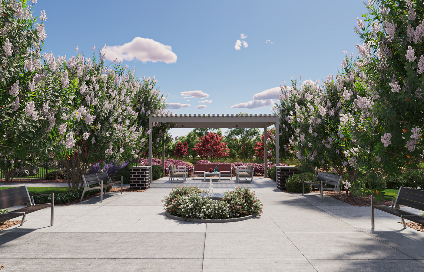 A garden courtyard with seating.