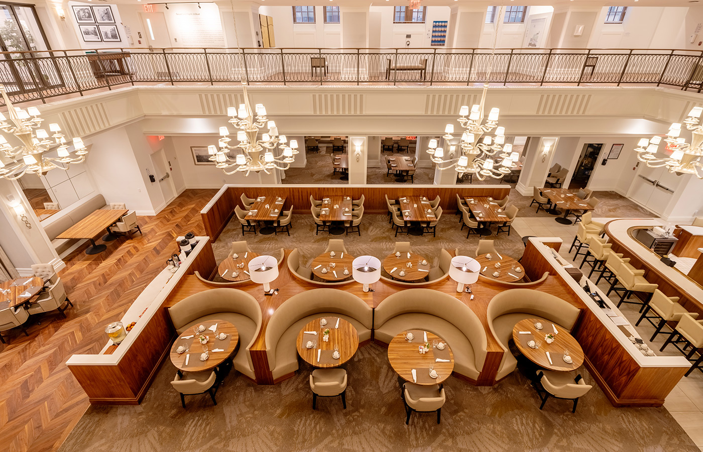 An aerial view of the main dining room.