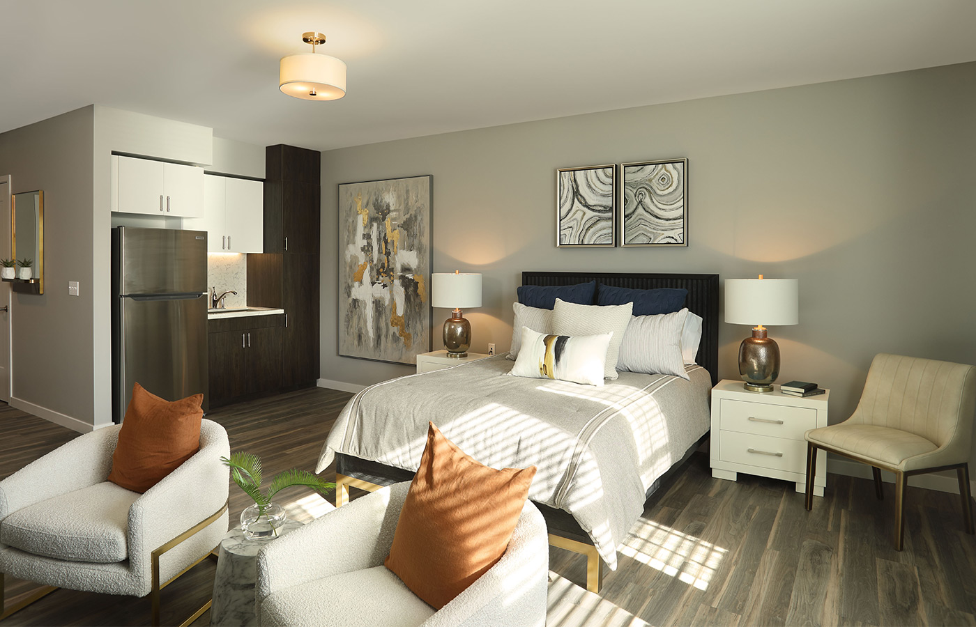 A fully furnished studio apartment.