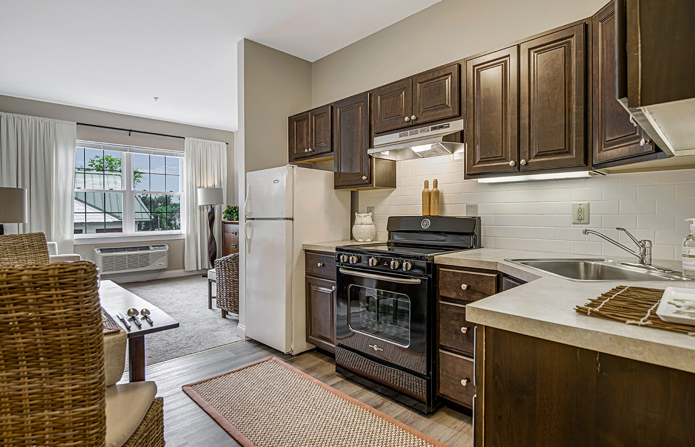 A kitchen in an apartment at Woodbury Mews.