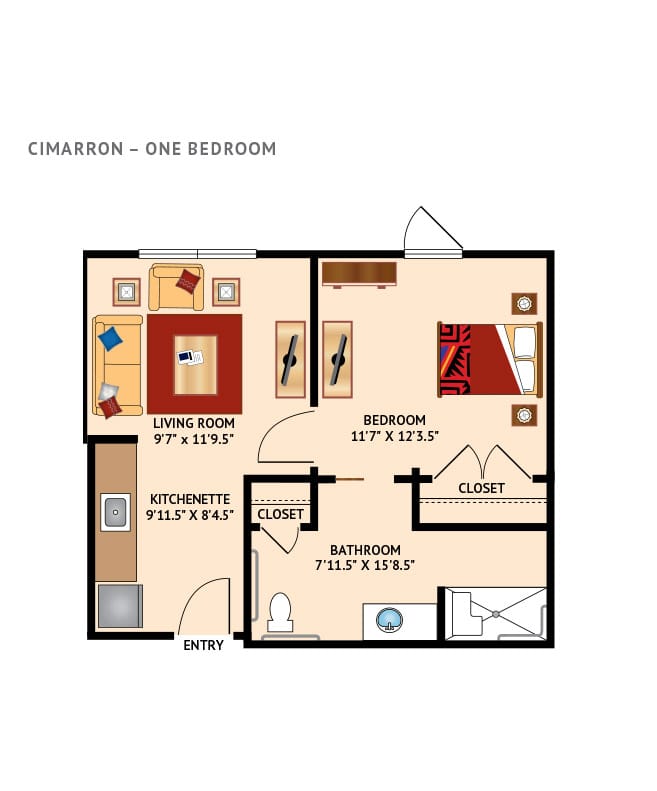 The Watermark at Cherry Hills Assisted Living One bedroom floor plan.