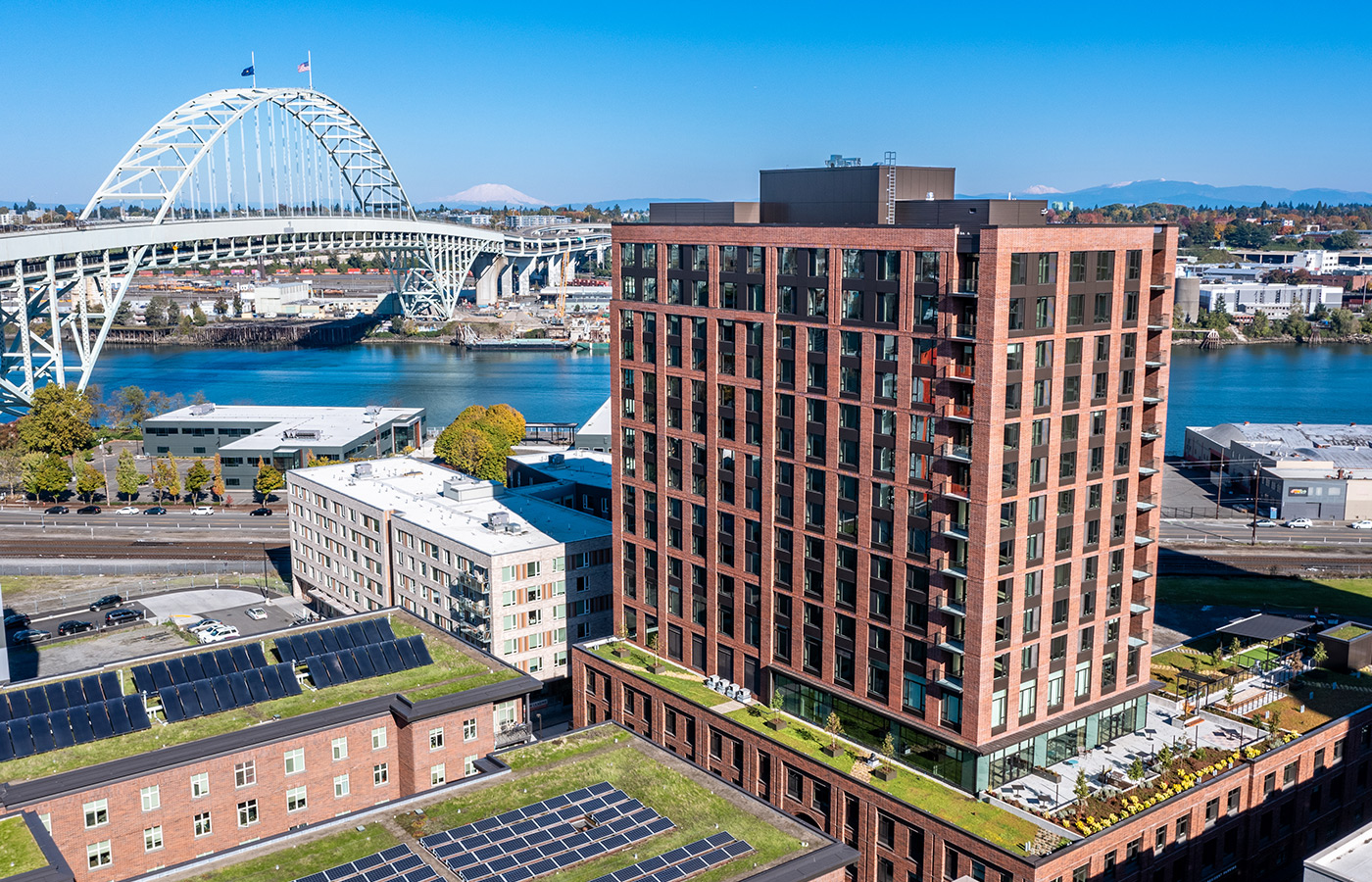 The exterior of the building with the river in the background.