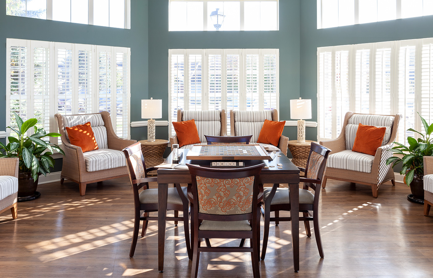 Sun room with seating area.