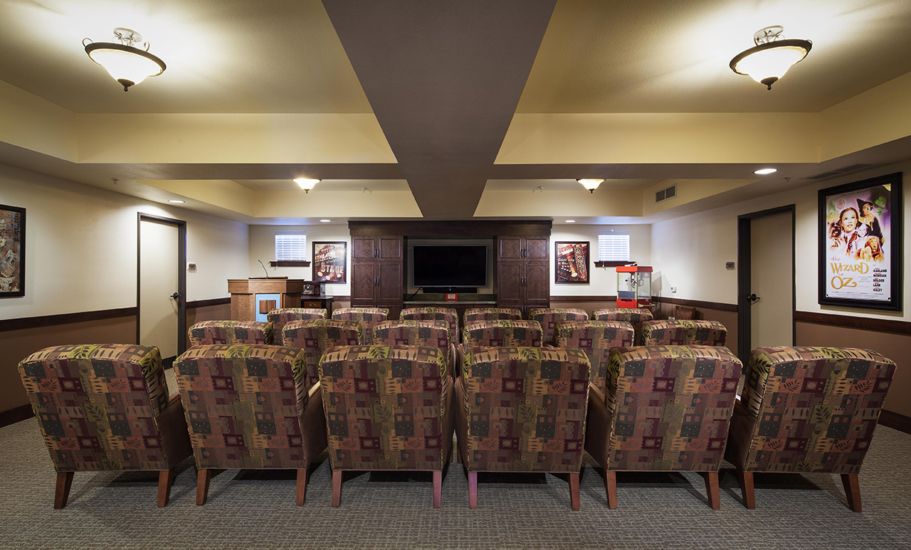 The theater room at White Cliffs Senior Living.