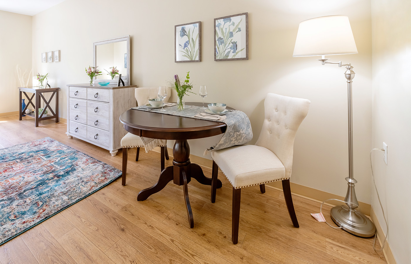 A dining area within a model apartment.