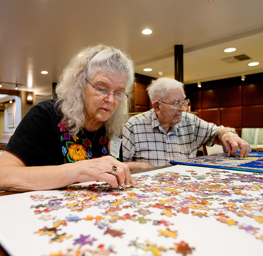 Two people putting a puzzle together.
