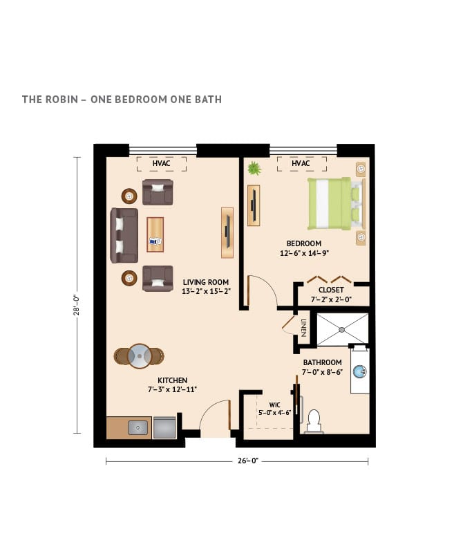 Assisted Living one bedroom floor plan at The Skybridge at Town Center.