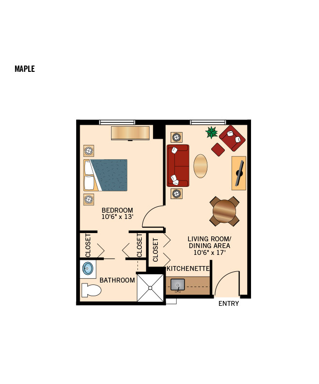 The Fountains at Millbrook one bedroom apartment floor plan.