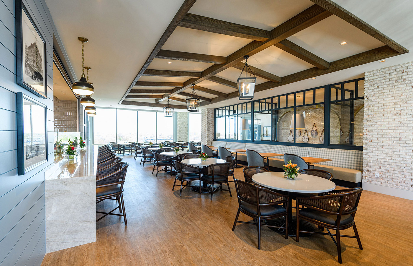 A large dining area with a bar.