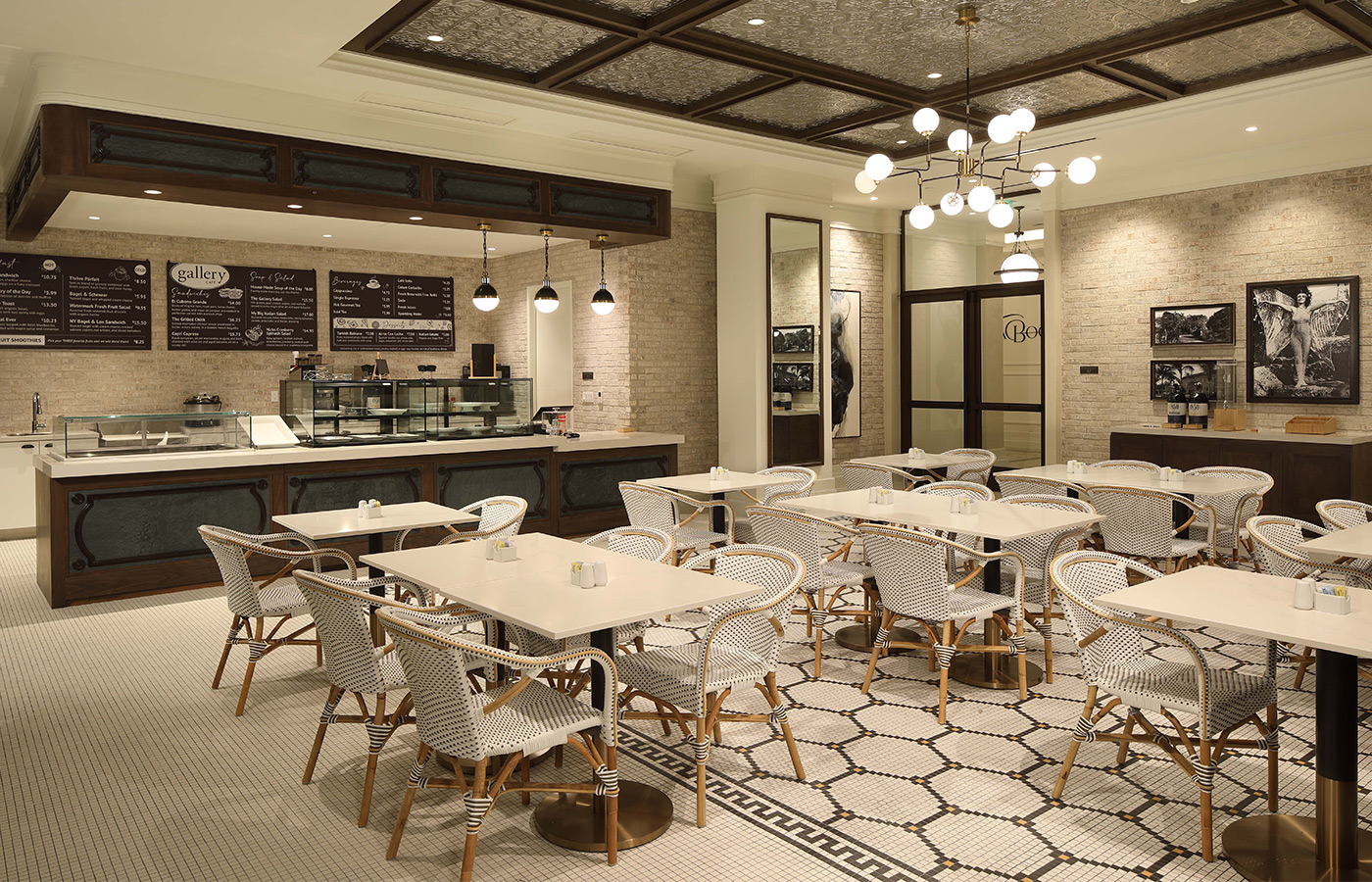 A cafe and dining area with tables and seating.