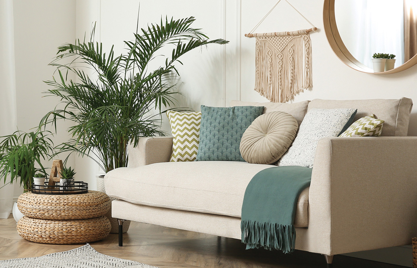 Bright room with comfortable cozy couch in a living room.